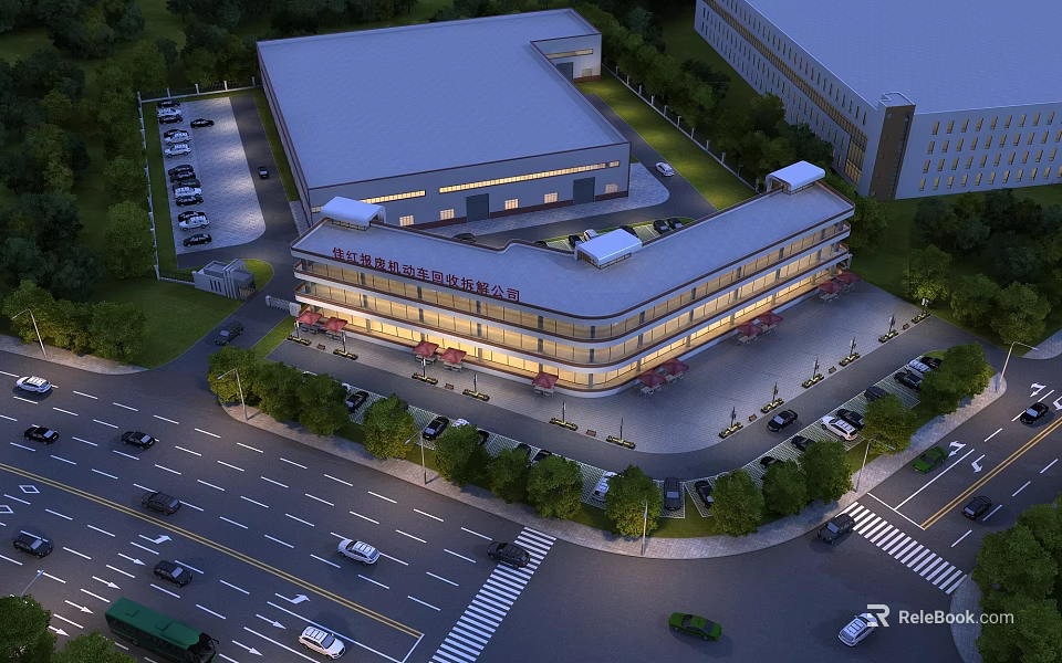 Modern Industrial Factory Building With Multi Story Structure Parking Lot And Landscaping 3d model 