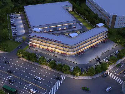 Modern Industrial Factory Building With Multi Story Structure Parking Lot And Landscaping 3d model