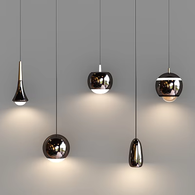 Five Black and Metallic Chandeliers in Various Shapes Hanging Against Gray Background with Lighting Effects 3d model