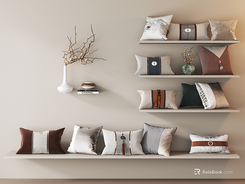 Stylish Throw Pillows in Brown Grey White Hues on Shelves with Vase and Branch Decor 3d model 