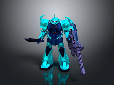 Cyan Blue Mecha Warrior Action Figure With Sword And Gun Weapon 3d model