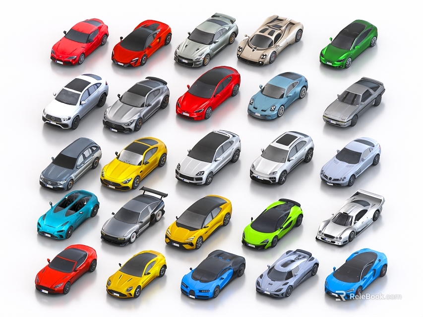 Various Colorful Car Models in Different Styles Arranged in Grid Pattern 3d model 