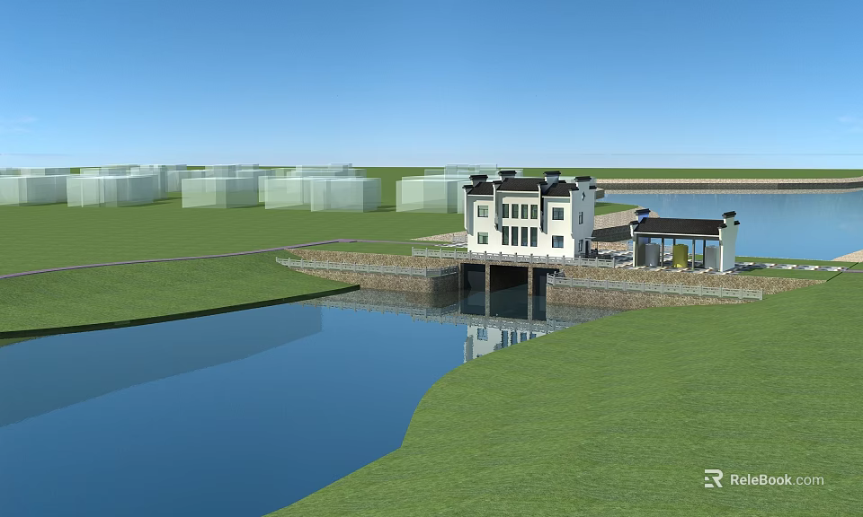 Water Gate Building Landscape With Green Grass Water Area Blue Sky And Distant White Structures 3d model 