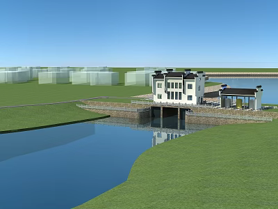 Water Gate Building Landscape With Green Grass Water Area Blue Sky And Distant White Structures 3d model