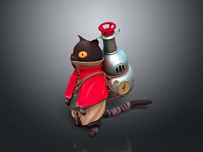 Cartoon Black Cat In Red Cloak With Silver Backpack Red Knob And Yellow Eyes 3d model