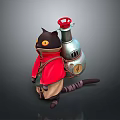Cartoon Black Cat In Red Cloak With Silver Backpack Red Knob And Yellow Eyes