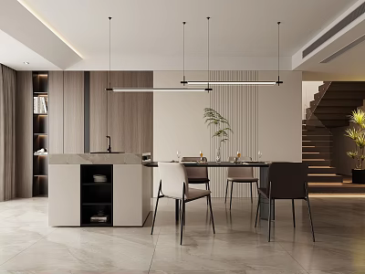 Modern Restaurant Dining Area With Wooden Table Elegant Chairs Pendant Lights And Green Plants 3d model