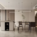 Modern Restaurant Dining Area With Wooden Table Elegant Chairs Pendant Lights And Green Plants