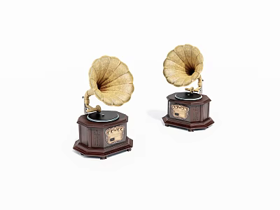 Two Vintage Phonographs With Classic Wooden Base And Golden Horns 3d model