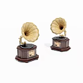 Two Vintage Phonographs With Classic Wooden Base And Golden Horns