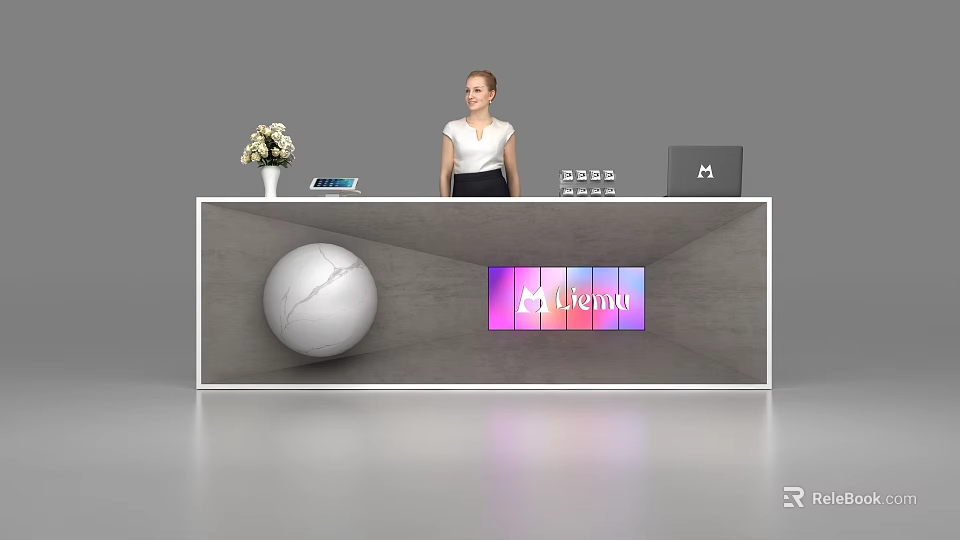Modern Reception Desk With Decorative Sphere Flower Vase Tablet Laptop And Illuminated M Cinema Screen 3d model 