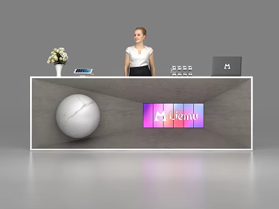 Modern Reception Desk With Decorative Sphere Flower Vase Tablet Laptop And Illuminated M Cinema Screen 3d model