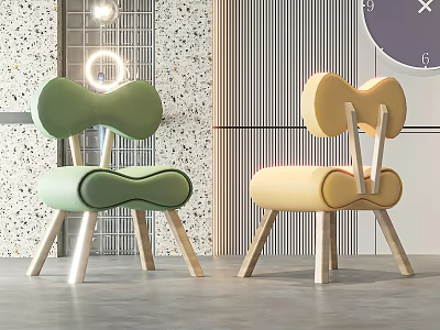 Cute Green and Yellow Kids Chair with Bow Shaped Backrest and Wooden Legs Design 3d model