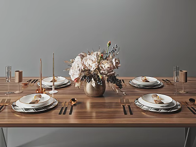 Elegant Dinnerware Set on Wooden Dining Table with Floral Vase Candles and Wine Glasses 3d model
