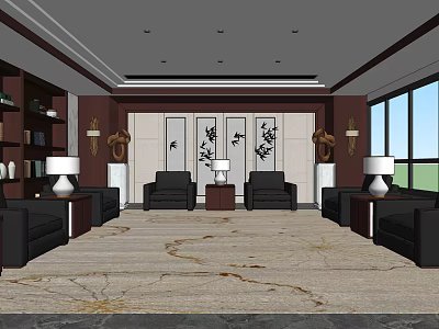 Hotel Public Lounge Area With Black Sofas White Table Lamps Wall Art And Large Windows 3d model