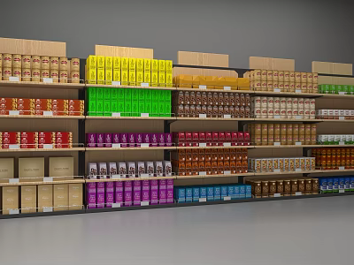 Multi tiered Retail Display Shelves Stocked with Various Colored Products in Store 3d model