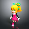Cartoon Woman in Pink Dress with Yellow Hair Green Bow Black Sleeves Pink Shoes Running