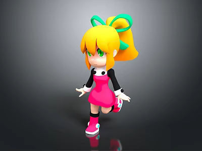 Cartoon Woman in Pink Dress with Yellow Hair Green Bow Black Sleeves Pink Shoes Running 3d model