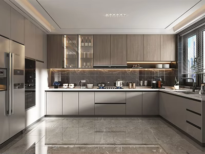 Modern Kitchen Featuring Gray Cabinets Stainless Steel Appliances Marble Countertops And Natural Light 3d model
