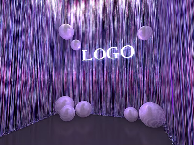 Decorative Display With Purple Tassel Backdrop Logo And White Spheres With Sequin Sphere 3d model