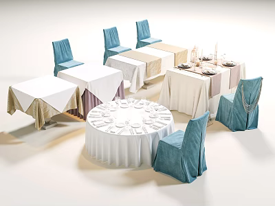 Banquet Hall Setup With Round And Square Tables Blue Chair Covers And Dinnerware 3d model