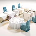 Banquet Hall Setup With Round And Square Tables Blue Chair Covers And Dinnerware