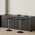 Black Bar Counter With Bar Stools Fruits And Glass Container By Window On Wooden Floor