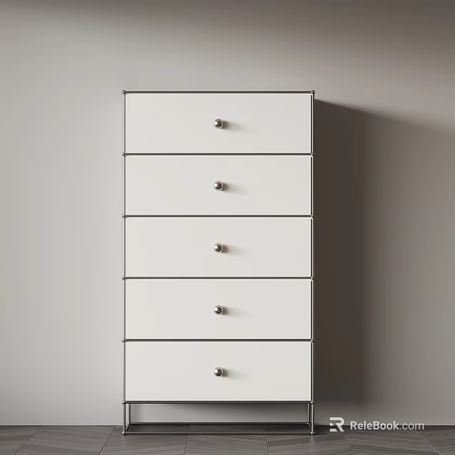 White Modern Minimalist Chest of Drawers with Five Drawers and Silver Knobs 3d model