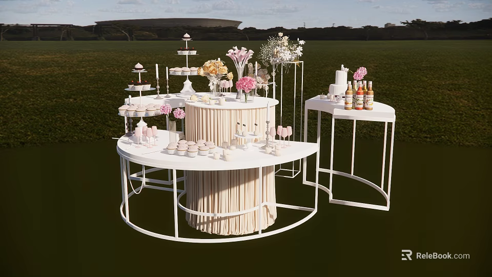 Outdoor Dessert Shop Display With White Tables Sweet Treats And Flower Bouquets 3d model 