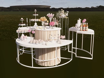 Outdoor Dessert Shop Display With White Tables Sweet Treats And Flower Bouquets 3d model