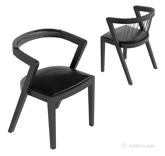 Modern Black Dining Chairs With Leather Seats Wooden Frames Curved Armrests And Woven Backrests 3d model 