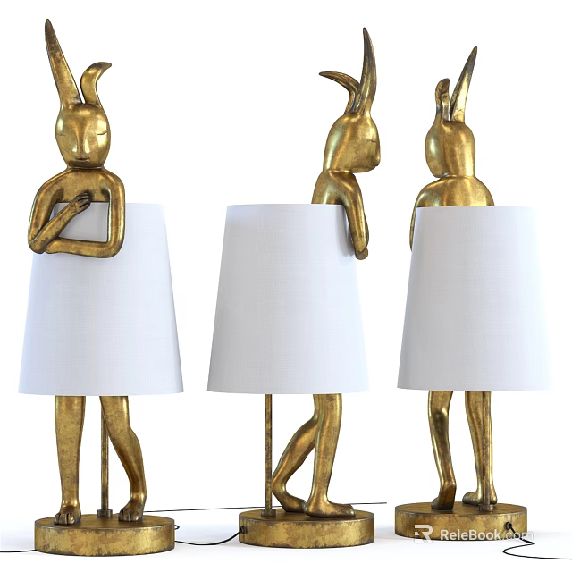 Unique-shaped Gold Table Lamp Featuring Rabbit Inspired Design and White Lampshade 3d model