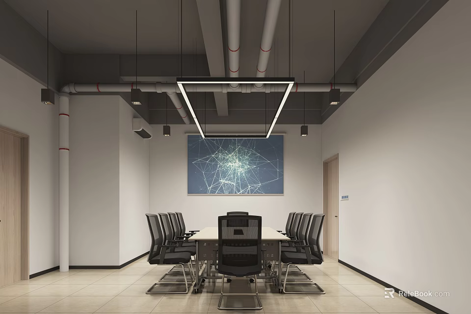 Modern Conference Room Interior with Long Table Chairs Hanging Lights and Network Pattern Wall Art 3d model 