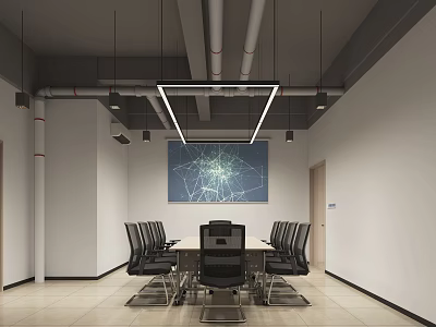Modern Conference Room Interior with Long Table Chairs Hanging Lights and Network Pattern Wall Art 3d model