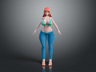 Stylish 3D Character With Red Hair Green Striped Bikini Top Blue Jeans And Sandals In Casual Look 3d model