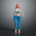 Stylish 3D Character With Red Hair Green Striped Bikini Top Blue Jeans And Sandals In Casual Look