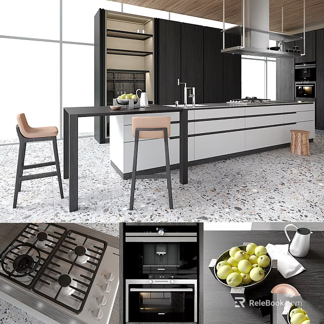 Modern Kitchen Interior Featuring White Black Cabinets Island Counter Bar Stools And Fresh Fruits 3d model 