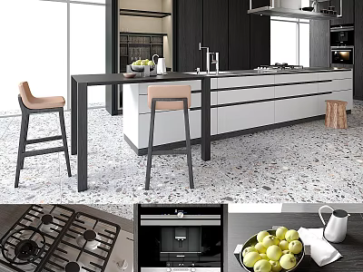 Modern Kitchen Interior Featuring White Black Cabinets Island Counter Bar Stools And Fresh Fruits 3d model