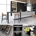 Modern Kitchen Interior Featuring White Black Cabinets Island Counter Bar Stools And Fresh Fruits