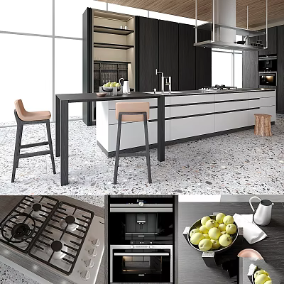 Modern Kitchen Interior Featuring White Black Cabinets Island Counter Bar Stools And Fresh Fruits 3d model