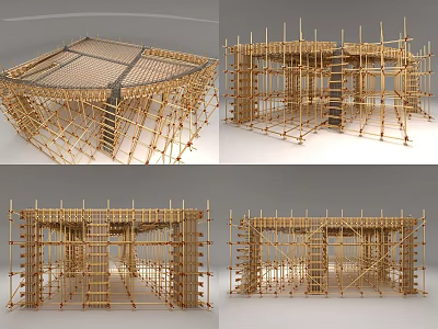 Semi Detached Villa Construction Framework With Bamboo Scaffolding And Structural Details 3d model