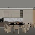 Modern Restaurant Interior With Open Kitchen Cabinets Marble Countertop Round Dining Table And Chairs 3d model