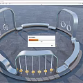 Modern Garden Landscape Featuring Circular Silver Metal Structures Hanging Rings Yellow Decorations And Gray Pavement