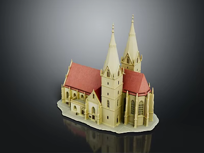 Cartoon Scene Featuring Detailed Church Model With Red Roof And Twin Spires 3d model
