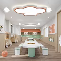 Bright Kindergarten Interior With Cloud Shaped Ceiling Lights Round Tables And Colorful Stools 3d model