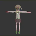 3D Character Little Girl With Pink Hair Wearing White Cardigan And Gray Skirt Arms Outstretched