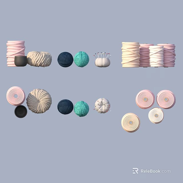 Colorful Textured Rolled And Round Household Items In Pastel Pink Blue White Black 3d model 