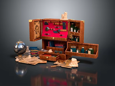 Open Wooden Storage Box With Various Daily Supplies Including Bottles Tools Books And Globe 3d model