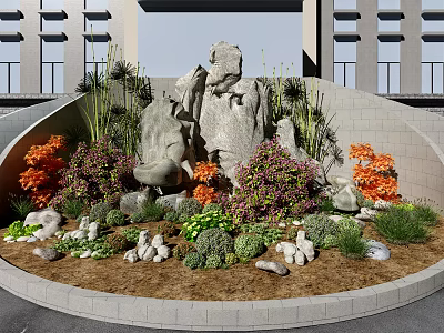 Artistic Garden Ornament With Rock Formation Colorful Flowers Green Plants And Stones 3d model