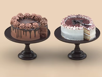 Two Decorated Cakes on Black Stands with Chocolate and Vanilla Frosting Slices 3d model
